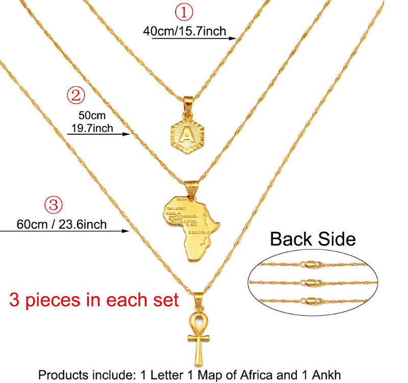 DEALS: Set of 3 - Initials / Africa map / Ankh Cross Necklaces