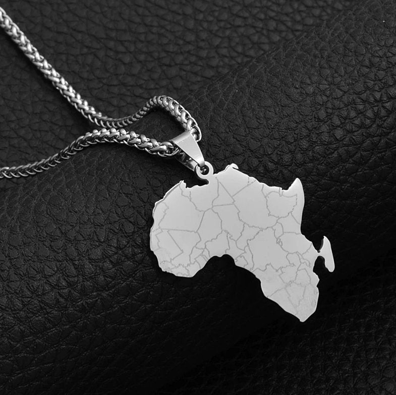 Stainless steel silver plated Africa map necklace with rope chain / necklace gift/ Silver Africa map with country necklace for Men and Women