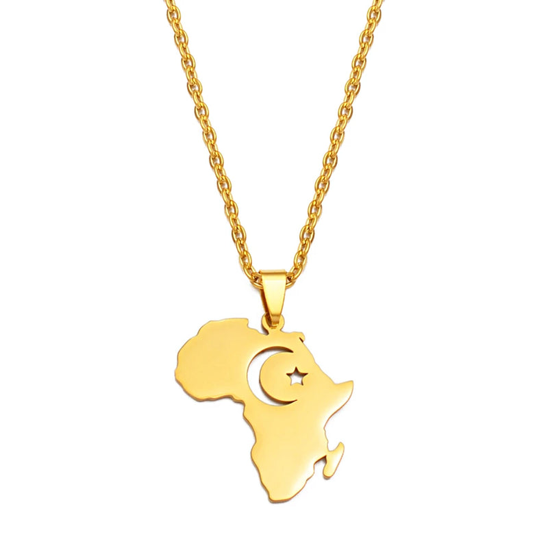 18K gold-plated Africa map necklace / Islamic symbols Moon and star Africa map necklace / Silver Africa map necklace for Men and Women