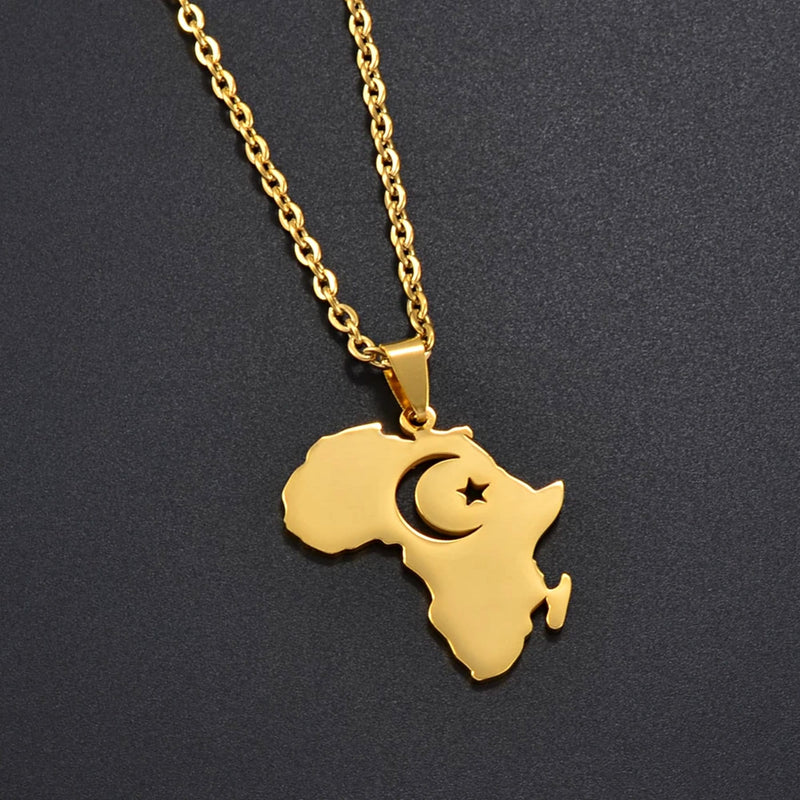 18K gold-plated Africa map necklace / Islamic symbols Moon and star Africa map necklace / Silver Africa map necklace for Men and Women