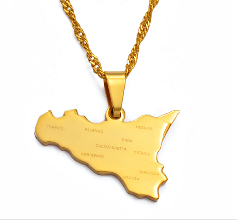 Italy Sicily Map with Cities Pendant Necklace