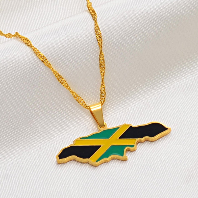 Jamaica Map with Flag Pendant Necklace