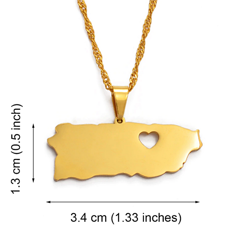 Puerto Rico Map With Heart Pendant Necklace