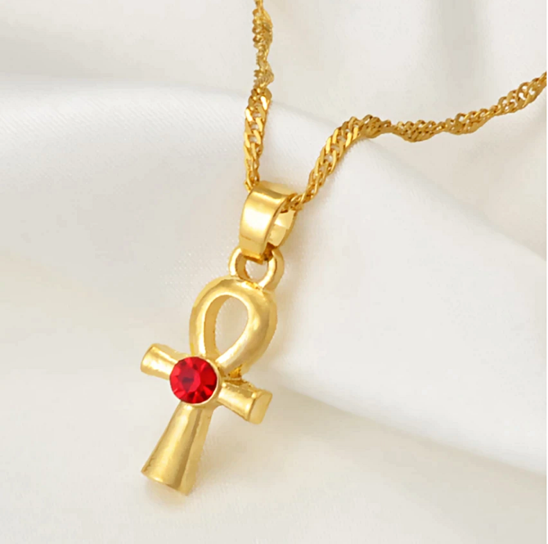 Red Stone Mini Ankh Cross Necklace