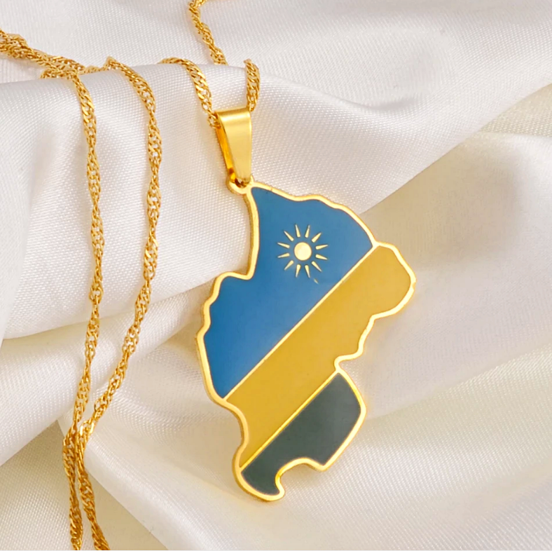Rwanda Map with Flag Pendant Necklace