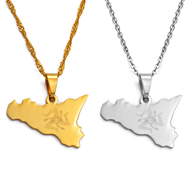 Italy Sicily Map with Trinacria Pendant Necklace