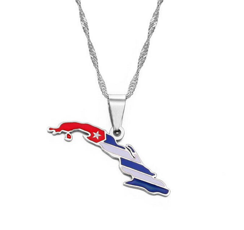 Cuba Map with Flag Pendant Necklace