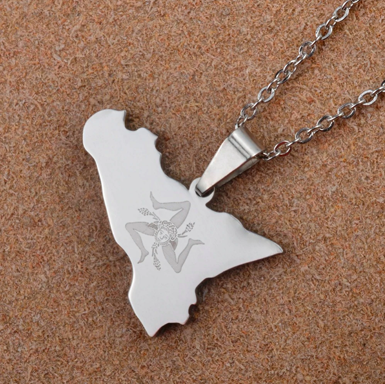 Italy Sicily Map with Trinacria Pendant Necklace