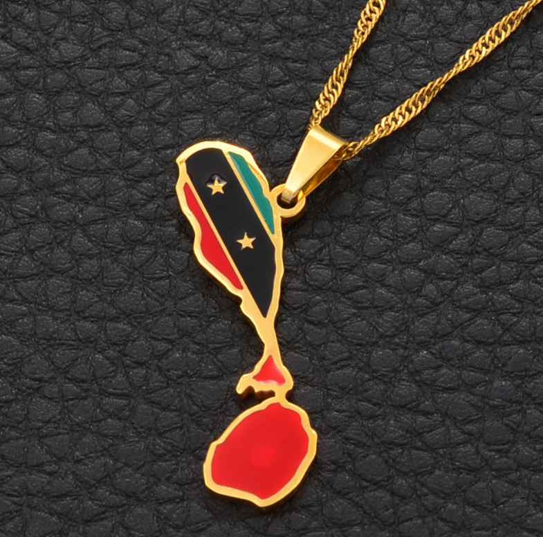 Saint Kitts And Nevis Map with Flag Pendant Necklace